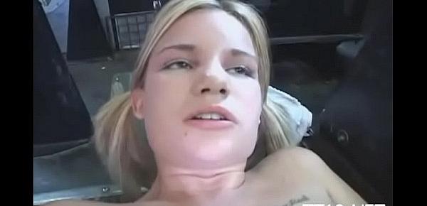  Arousing legal age teenager gives head and gets shaved pussy team-fucked hard